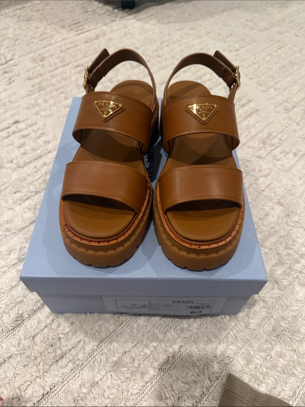 Prada Tan Leather Platform Slingback Sandals with Gold Triangle Logo